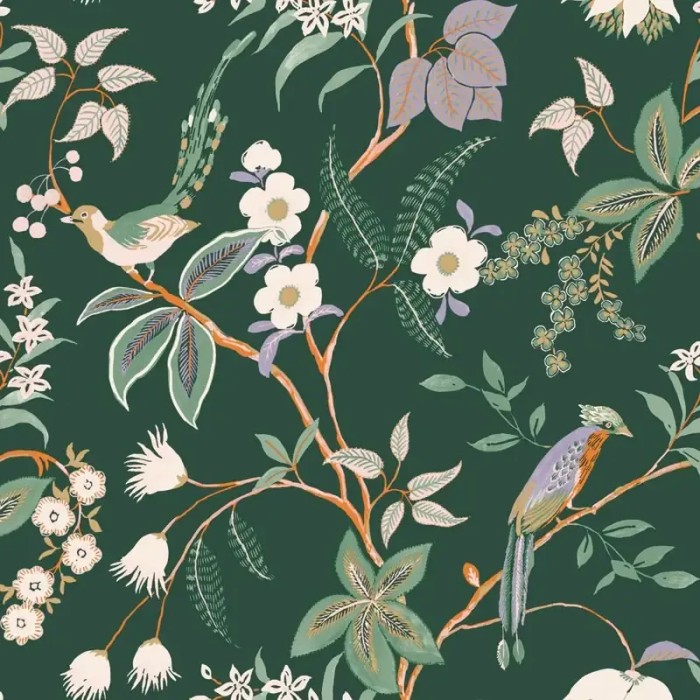 Papel pintado romántico flores y pájaros verde oscuro - Caselio Happy Therapy 104067576