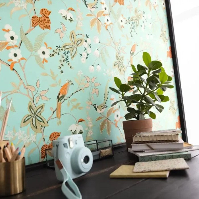 Caselio|Aqua green romantic wallpaper with birds and flowers|Romantic