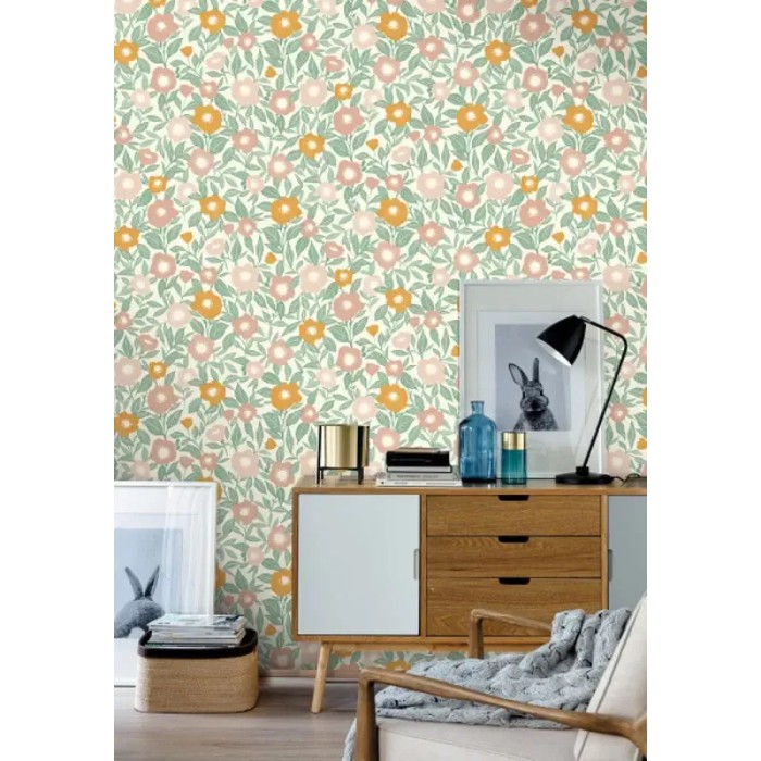 Papel pintado flores de amapolas verde y amarillo - Caselio Happy Therapy 104070734