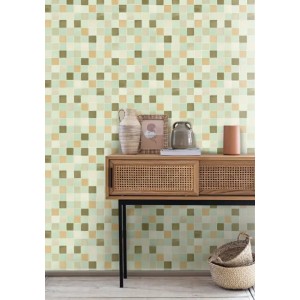 Caselio|Papel pintado azulejos gresite tonos verde y azul|Imitacion Azulejos 2