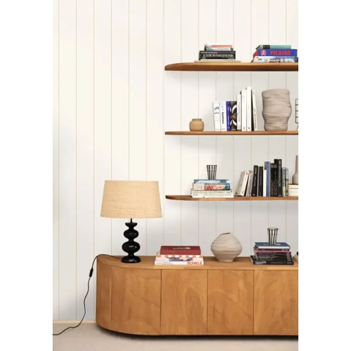 Caselio|Scandinavian white striped wallpaper with gold outline|Stripes