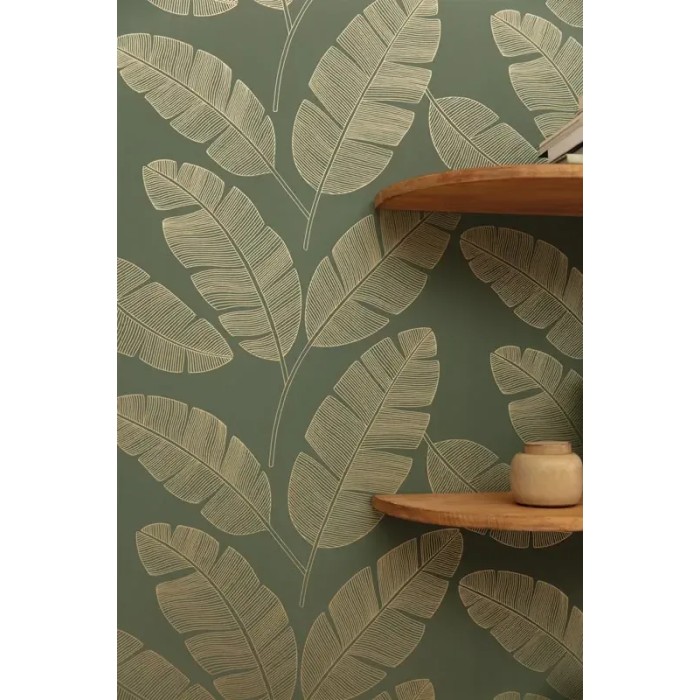 Caselio|Papel pintado hojas grandes de plátano verde caqui|Papel Pintado