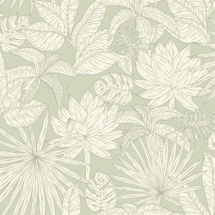 Caselio|Papel pintado floral, plantas exóticas verde agua|Papel Pintado