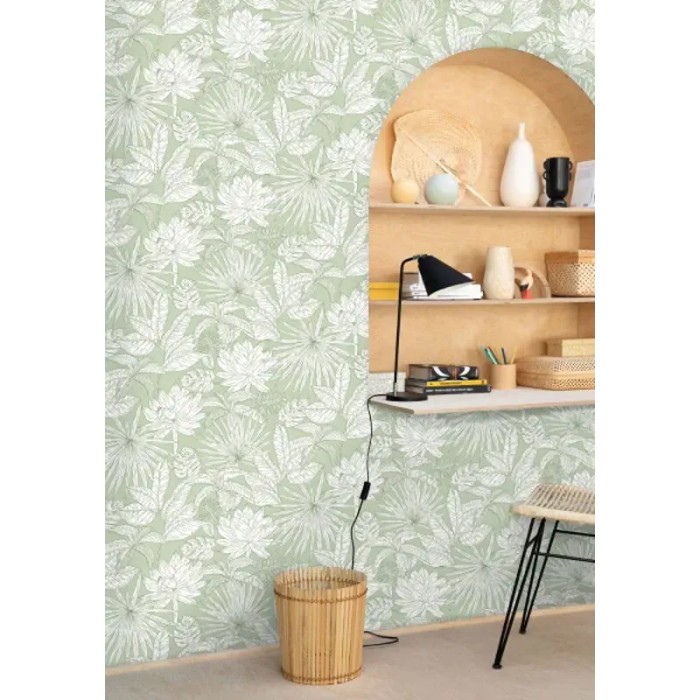 Caselio|Papier peint floral plantes exotiques vert d’eau|Papier Peint