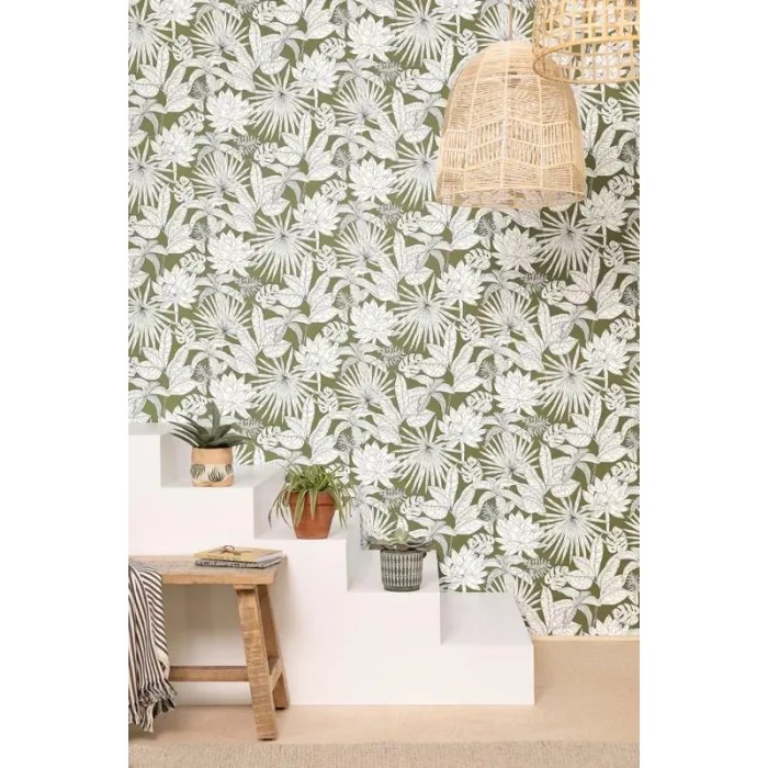 Caselio|Papel pintado plantas exóticas hawaianas verde caqui|Tropical