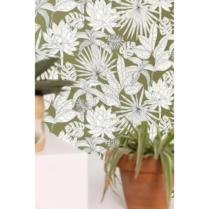 Caselio|Papel pintado plantas exóticas hawaianas verde caqui|Tropical