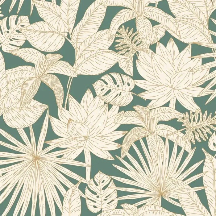 Caselio|Papel pintado plantas hawaianas verde inglés|Tropical