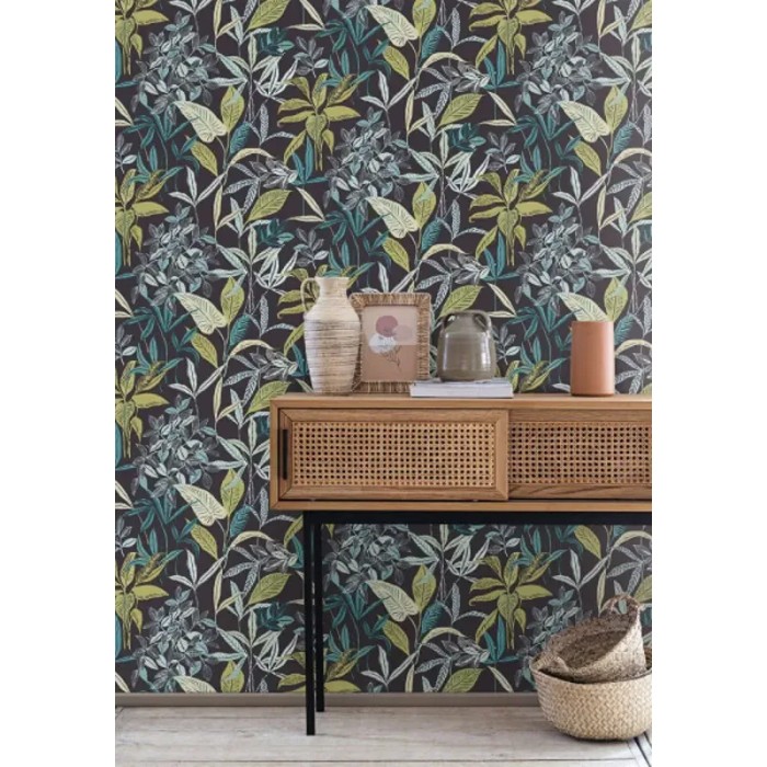 Caselio|Papel pintado floral negro, estampado flores exuberante|Papel Pintado