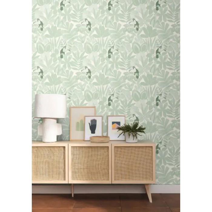 Caselio|Papel pintado plantas exóticas y tucanes verde y blanco|Papel Pintado