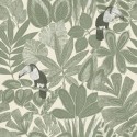 Caselio|Papier peint plantes et toucans tropicaux vert kaki|Papier Peint