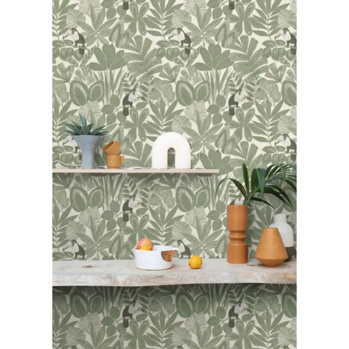 Caselio|Papier peint plantes et toucans tropicaux vert kaki|Papier Peint