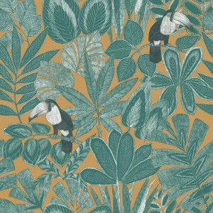 Caselio|Papier peint plantes et toucans tropicaux vert kaki|Papier Peint