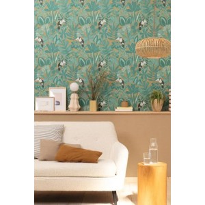 Caselio|Papier peint plantes et toucans tropicaux vert kaki|Papier Peint 2