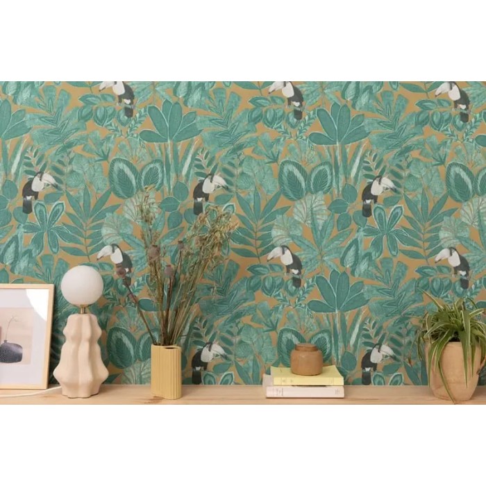 Caselio|Tropical wallpaper with exotic plants and toucans|Tropical