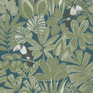 Caselio|Green and white exotic plants and toucans wallpaper|Wallpaper