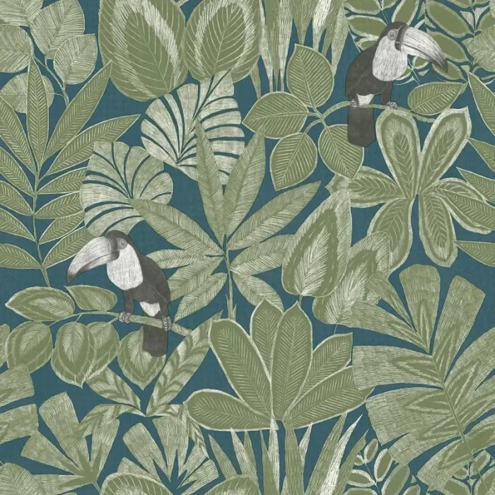 Caselio|Papel pintado plantas exóticas y tucanes azul y verde|Tropical