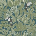 Caselio|Blue and green wallpaper with exotic plants and toucans|Tropical