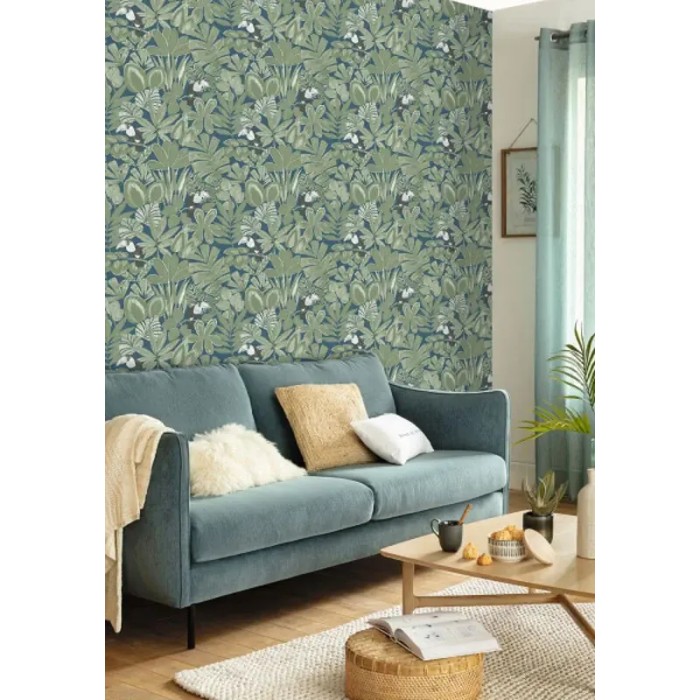 Caselio|Blue and green wallpaper with exotic plants and toucans|Tropical