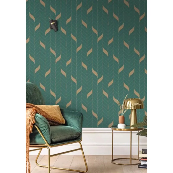 Caselio|Minimalistische Tapete mit grünen und goldenen Rankenblättern|Tapeten