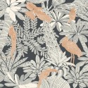 Caselio|Papel pintado plantas exóticas y aves tropicales, negro y cobre|Moderno