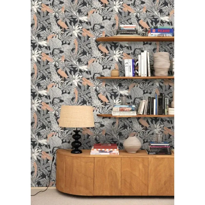 Papel pintado plantas exóticas y aves tropicales, negro y cobre - Caselio Moonlight 2 104268123