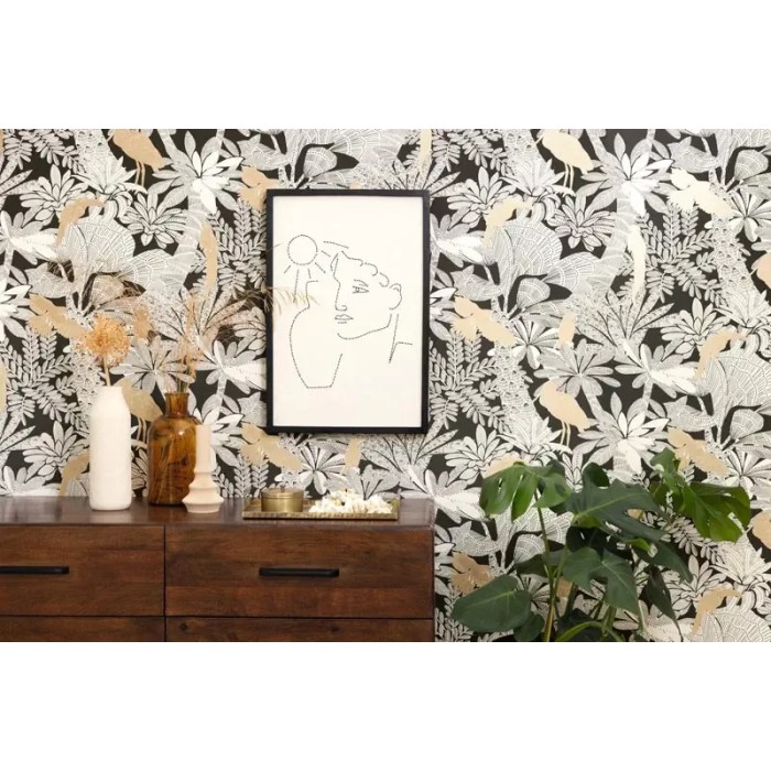 Caselio|Papier peint tropical plantes et oiseaux exotiques noir et or|Moderne