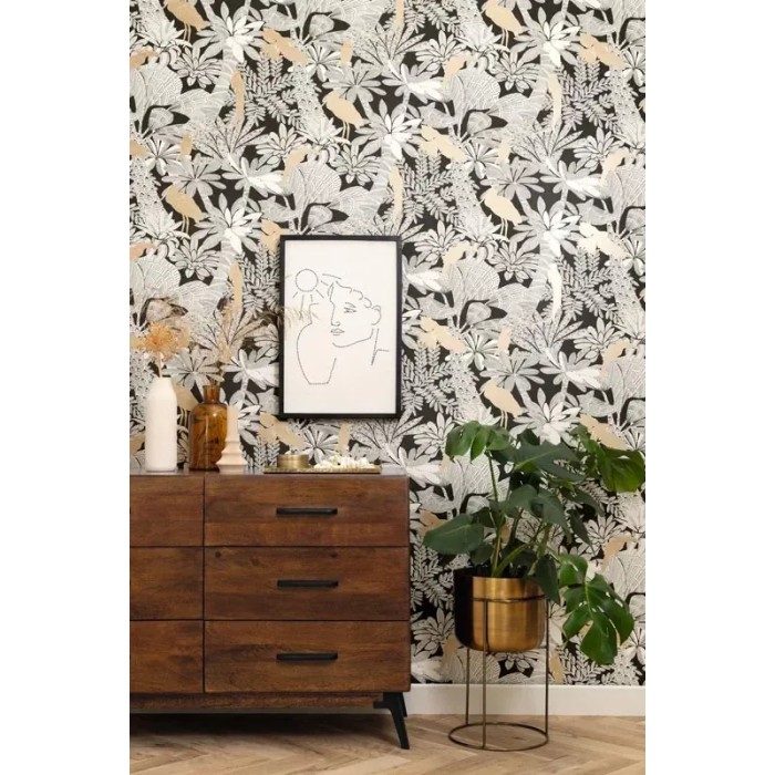 Caselio|Papier peint tropical plantes et oiseaux exotiques noir et or|Moderne