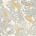 Caselio|Papel pintado plantas y aves tropicales blanco y dorado|Moderno