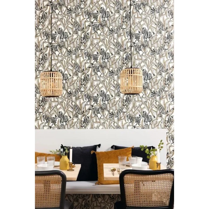 Caselio|Papel pintado étnico, cebras africanas blanco y oro|Étnico