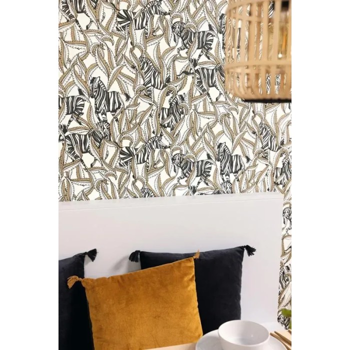 Caselio|Papel pintado étnico, cebras africanas blanco y oro|Étnico