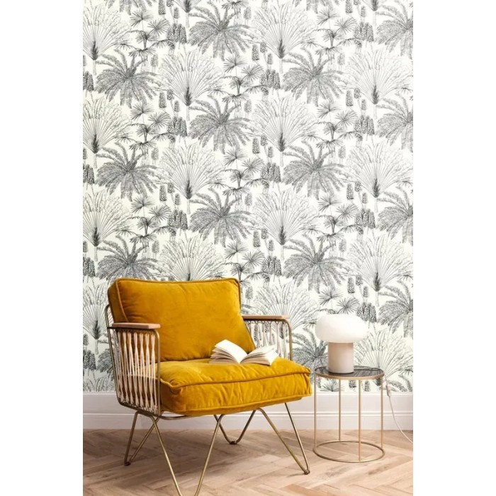 Caselio|Papel pintado palmeral tropical blanco y negro|Contemporáneo