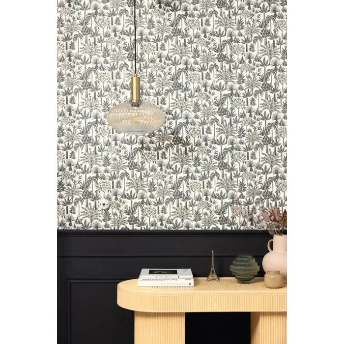 Caselio|Papel pintado palmeras tropical blanco y negro|Figurativo