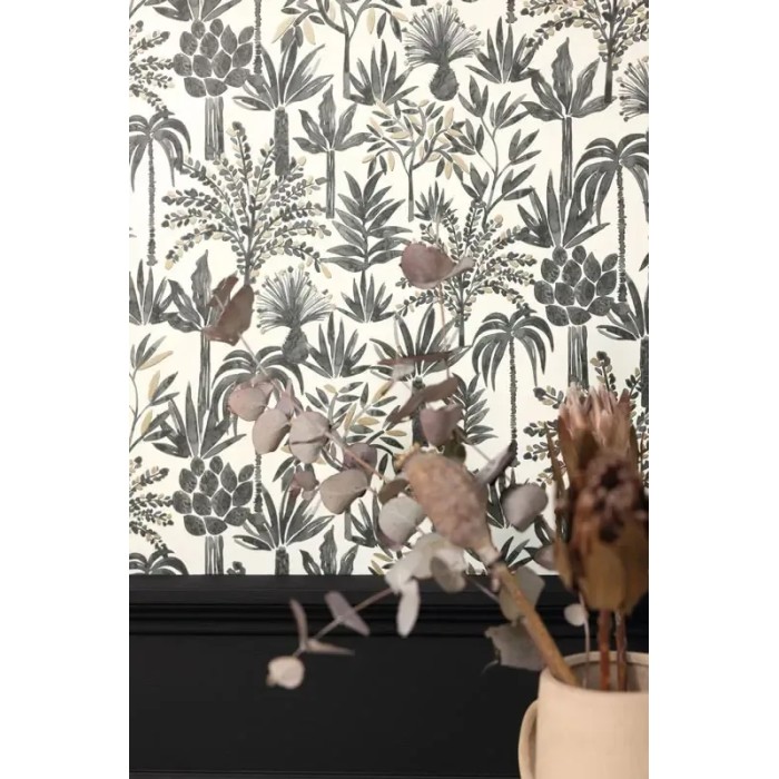 Caselio|Papel pintado palmeras tropical blanco y negro|Figurativo