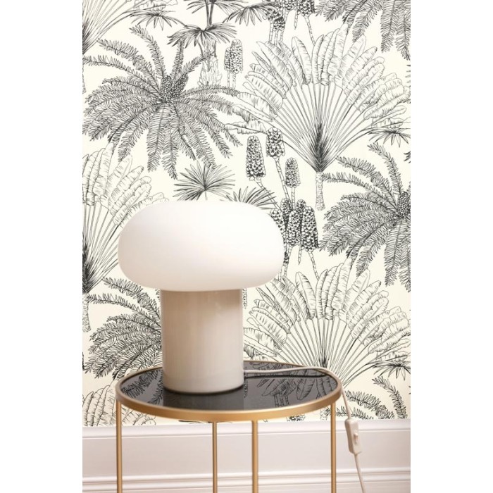 Caselio|Papier peint gravures de palmeraie tropicale blanc et or|Contemporain