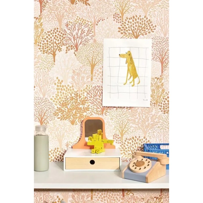 Caselio|Papel pintado infantil juvenil bosque árboles rosa pastel|Juvenil