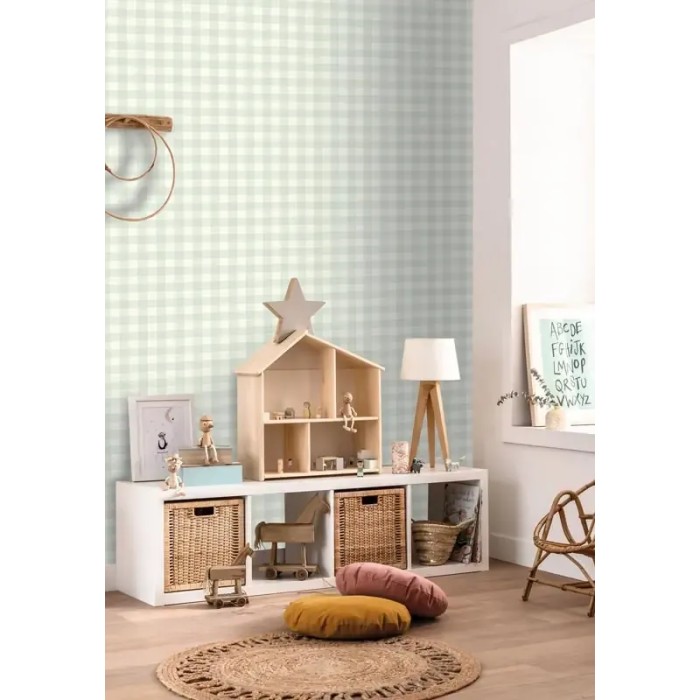 Caselio|Papel pintado infantil cuadros vichy verde agua|Infantil