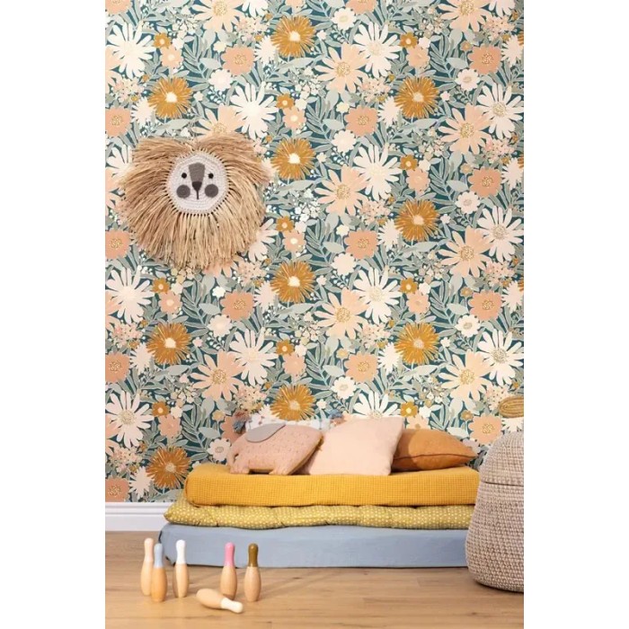 Caselio|Papier peint enfant XXL fleurs marguerites bleues et roses|Jeunesse