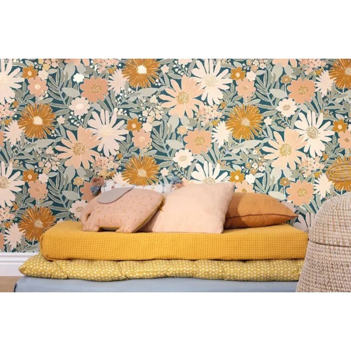 Caselio|Kids wallpaper XXL flowers blue and pink daisies|Youth Style