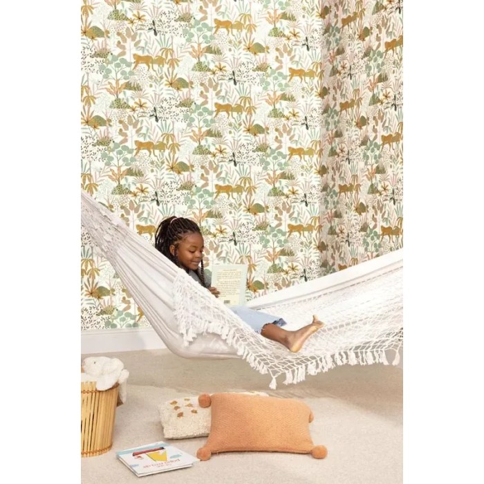 Caselio|Kids wallpaper jungle flora and fauna white and green|Children's