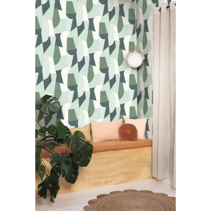 Caselio|Papel pintado mosaico artístico verde, estilo moderno|Juvenil