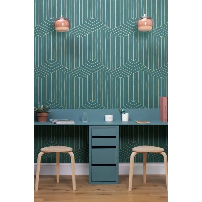 Caselio|Papel pintado moderno, laberinto infinito verde y dorado|Moderno