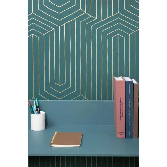 Caselio|Papel pintado moderno, laberinto infinito verde y dorado|Moderno