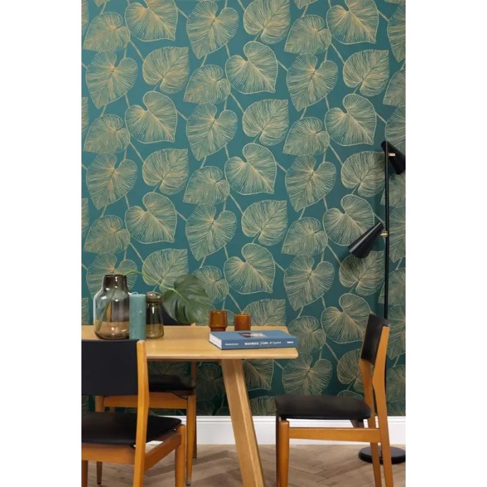 Papel pintado floral moderno, hojas de ginkgo verde y dorado - Caselio XXL 104536024