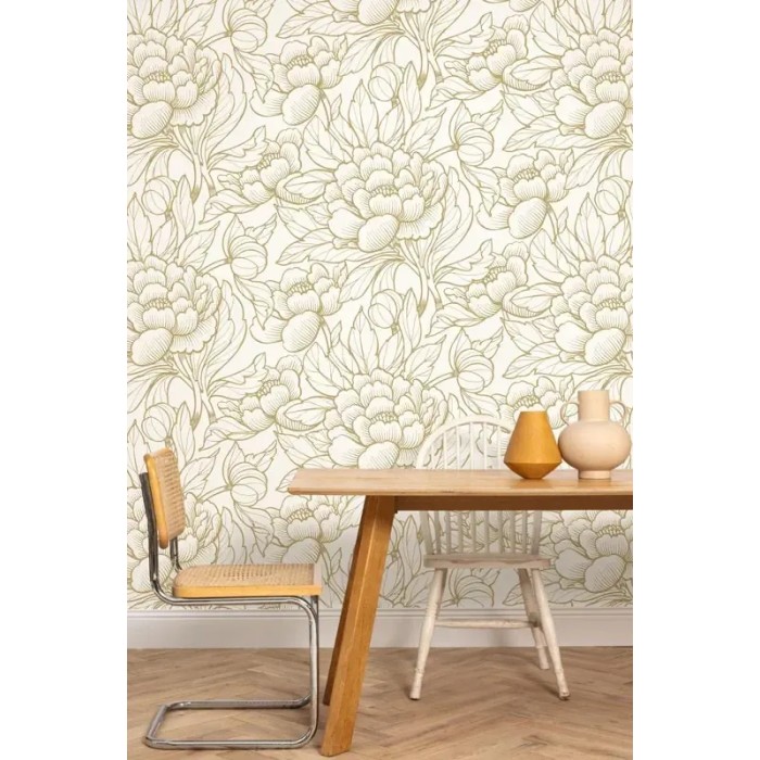 Caselio|Papel pintado flores exuberantes blanco y dorado|Romántico