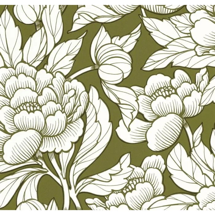 Caselio|Papel pintado floral moderno, flores exuberantes verde caqui|Romántico
