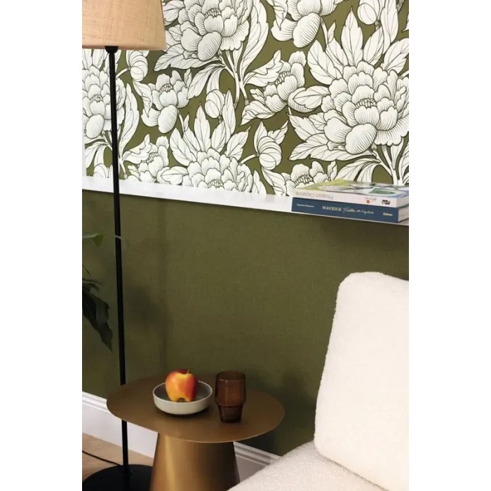 Caselio|Papier peint floral moderne, fleurs exubérantes vert kaki|Romantique