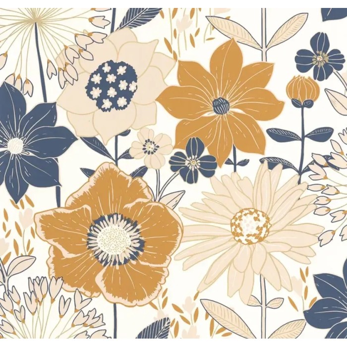 Caselio|Papel pintado flores juvenil azul y dorado|Juvenil