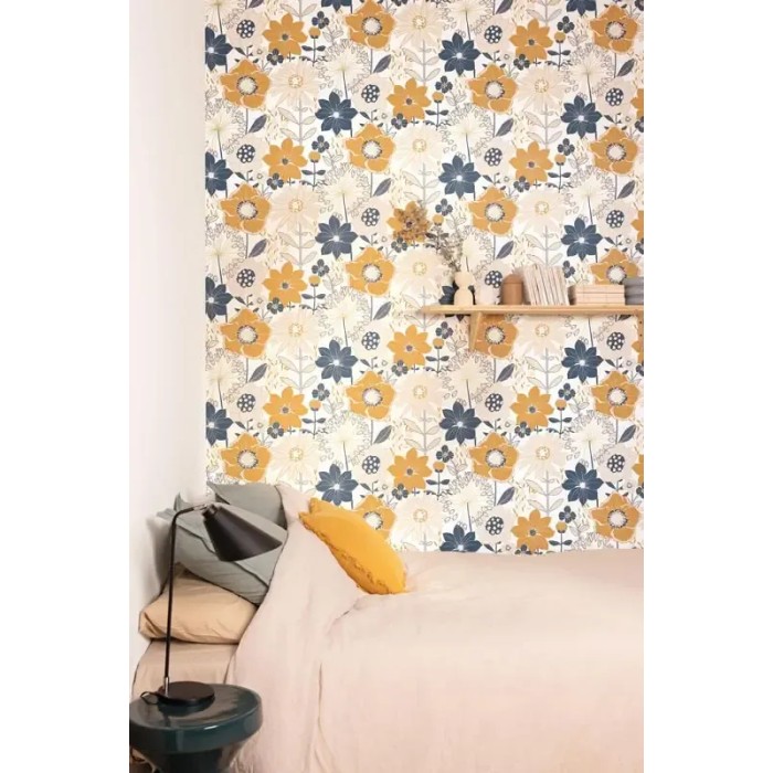 Caselio|Papier peint floral jeunesse bleu et doré|Jeunesse