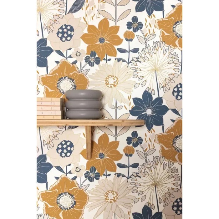 Caselio|Papier peint floral jeunesse bleu et doré|Jeunesse