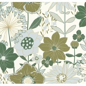 Caselio|Papier peint floral jeunesse bleu et doré|Jeunesse